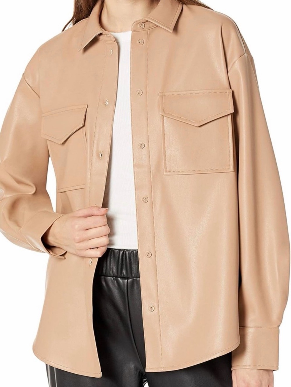 Women’s Beige Faux Leather Utility Shacket with Chest Pockets Size 2X